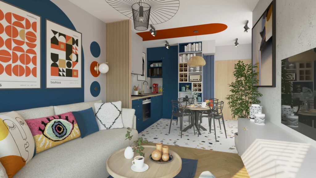 Kolorowe mieszkanie - salon z kuchnią