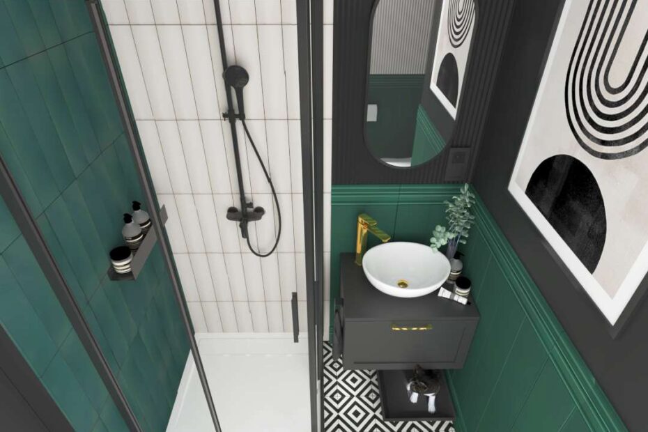 Łazienka w kolorze butelkowej zieleni i czarno złotymi dodatkami
