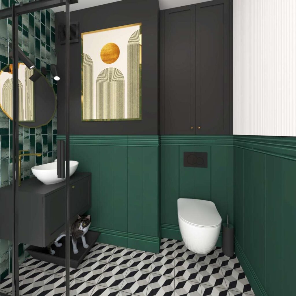 Łazienka z białymi panelami i butelkowo zielonymi lamperiami