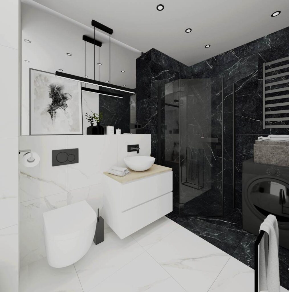 Biało czarna łazienka z prysznicem trapezowym