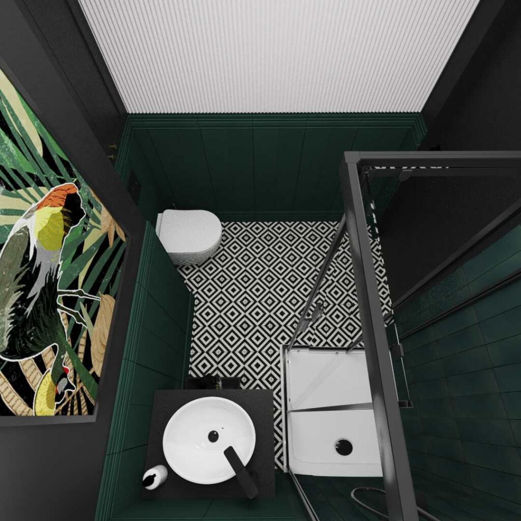 Łazienka w kolorze butelkowej zieleni z prysznicem prostokątnym
